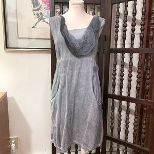 TEMPO PARIS Gray Linen Cotton Lagenlook Fairy Grunge Artsy Cowl Neck Italy Dress
